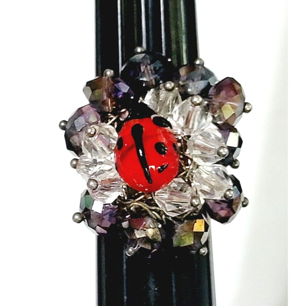 Chunky Ladybug Ring Glass Adjustable Purple‎ Red Statement Jewelry r-9